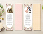2 jane austen bookmarks with graphics and text along side two colored backs laying on a beige background with greenery to the side