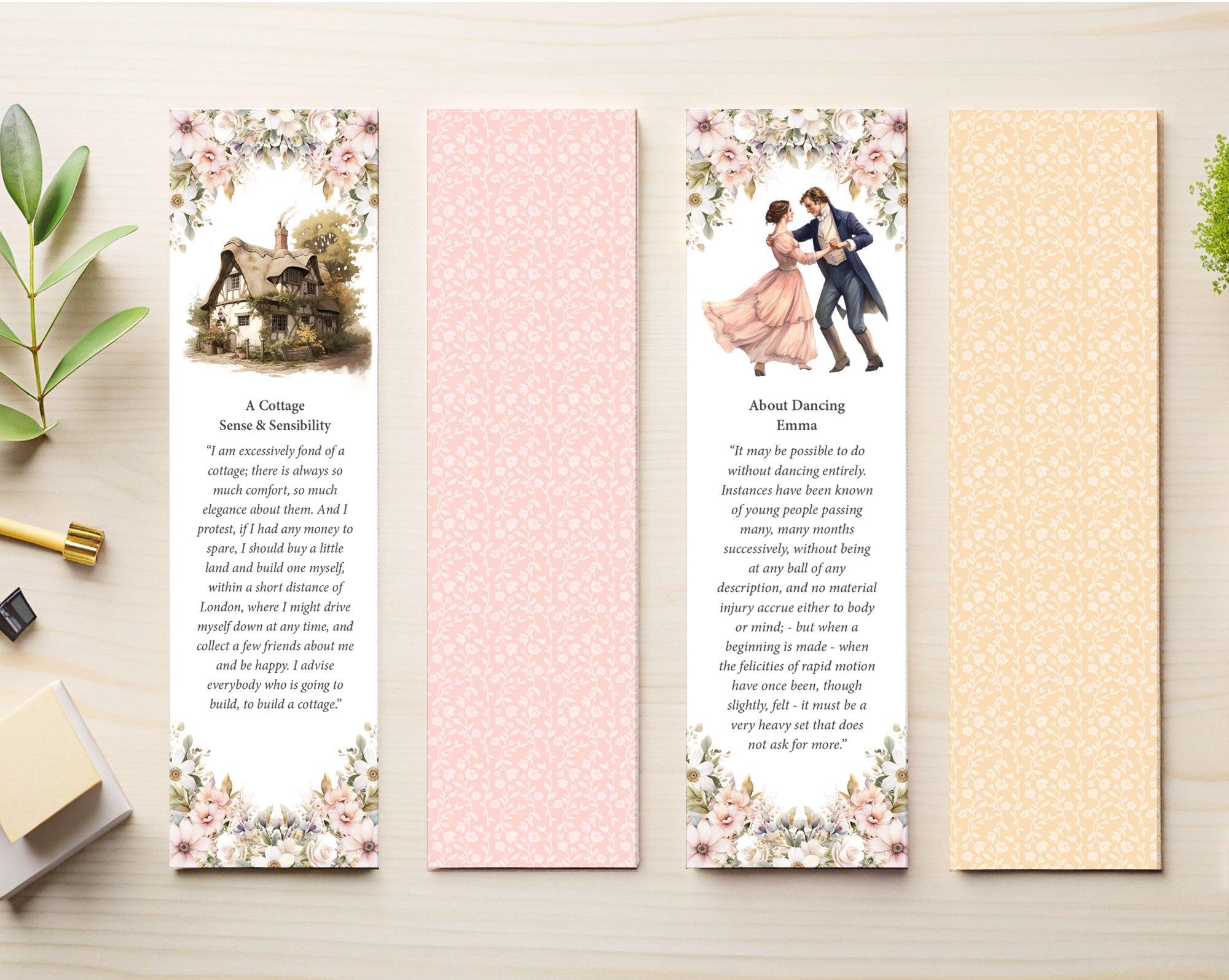 2 jane austen bookmarks with graphics and text along side two colored backs laying on a beige background with greenery to the side