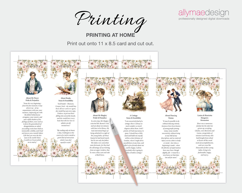 Instructions on how to print out the Jane Austen, Pride and Prejudice bookmarks on your home printer