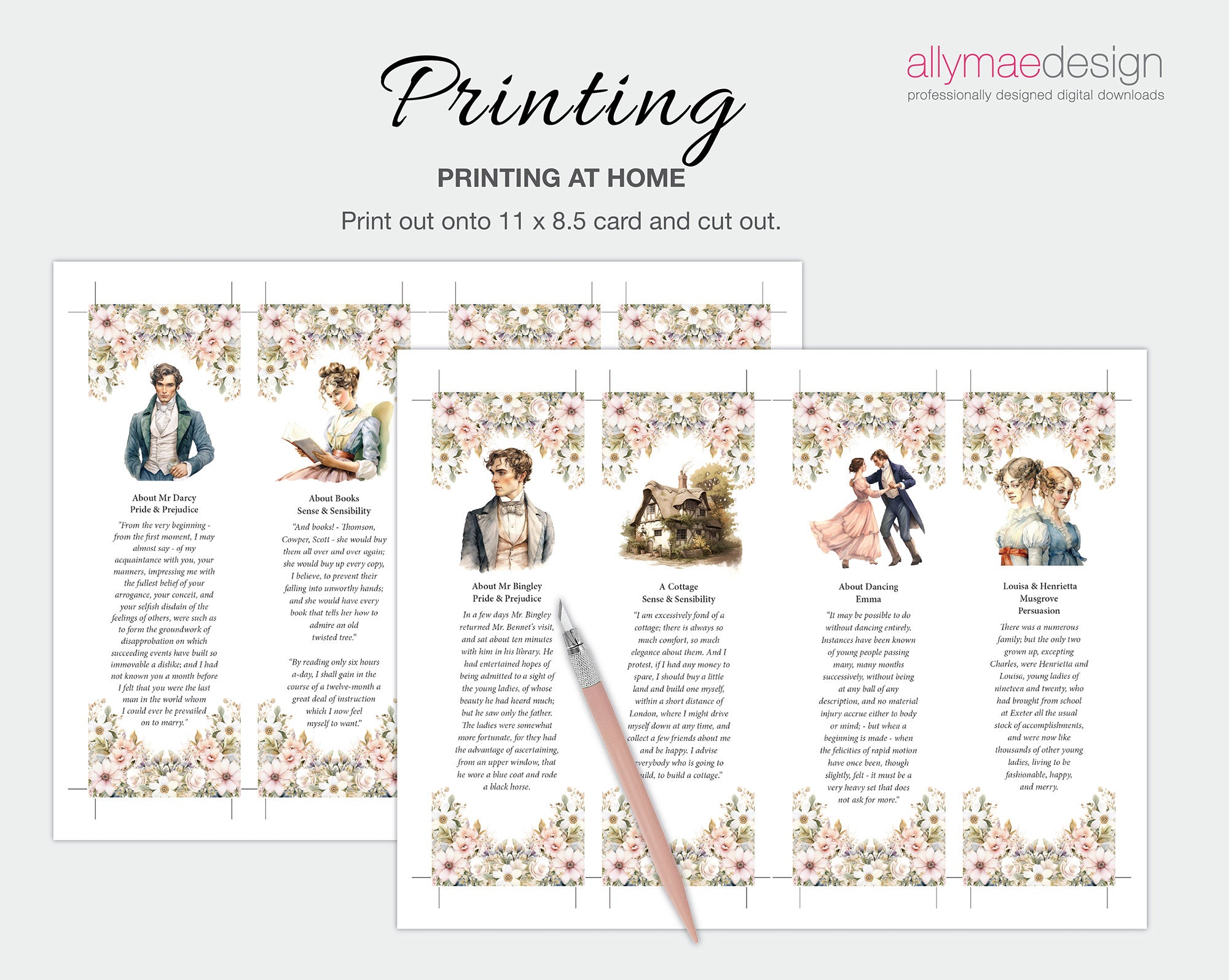 Instructions on how to print out the Jane Austen, Pride and Prejudice bookmarks on your home printer