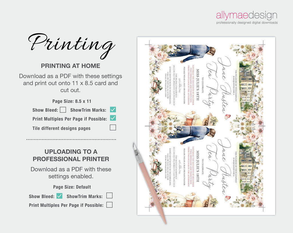 printing instructions for the jane austen tea party invitation