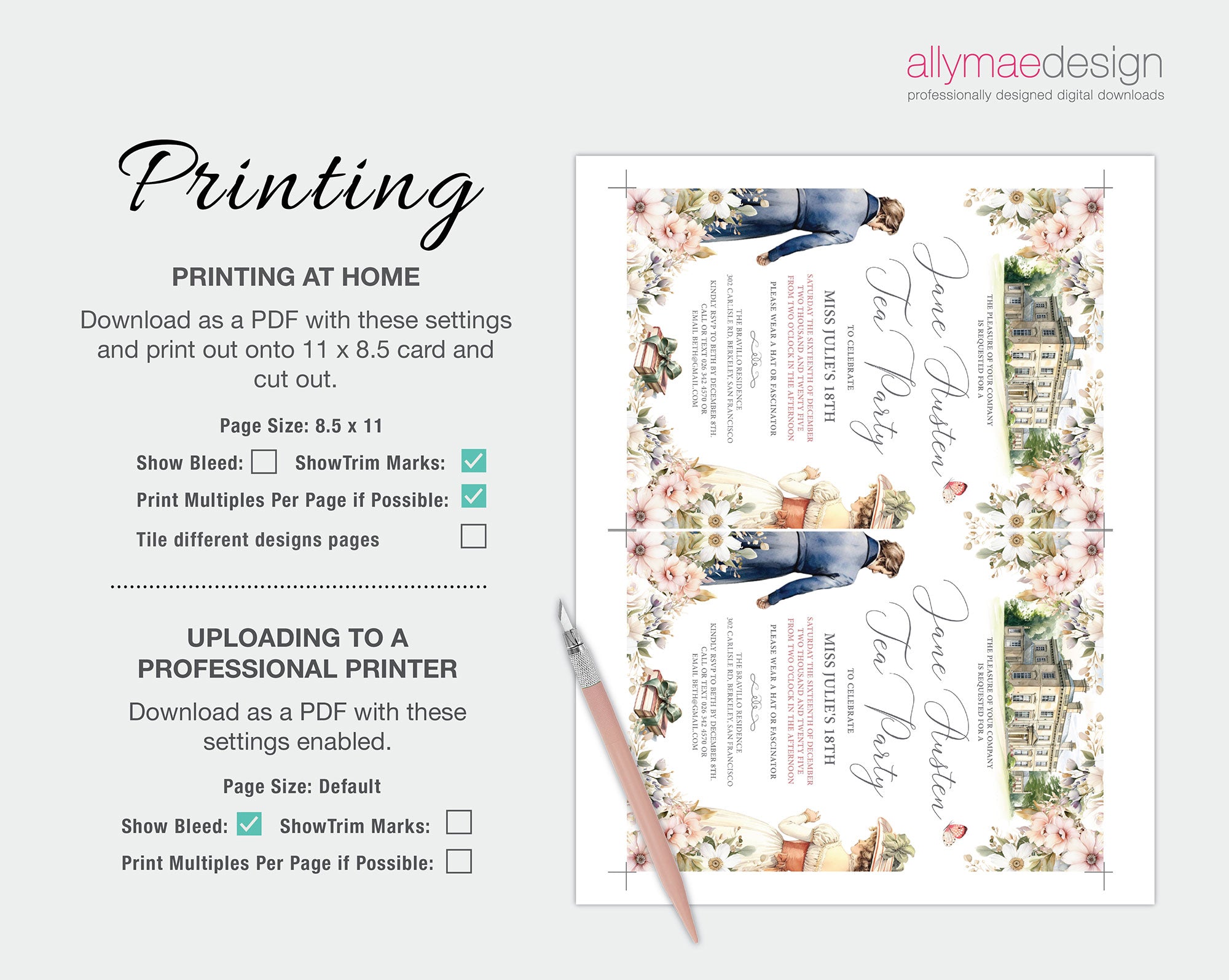 printing instructions for the jane austen tea party invitation