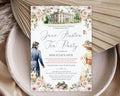 Invitation card for a Jane Austen Tea Party with decorative elements on a textured surface.