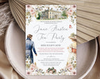 Invitation card for a Jane Austen Tea Party with decorative elements on a textured surface.