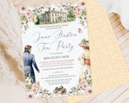 Invitation card for a Jane Austen Tea Party with floral design, mansion house and Regency couple in vintage attire lying on a on a wooden surface.