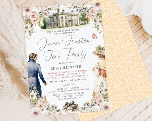 Invitation card for a Jane Austen Tea Party with floral design, mansion house and Regency couple in vintage attire lying on a on a wooden surface.