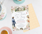 Invitation card for a Jane Austen Tea Party with pretty regency lady and gentleman, pink flowers and mansion house lying on a white surface.