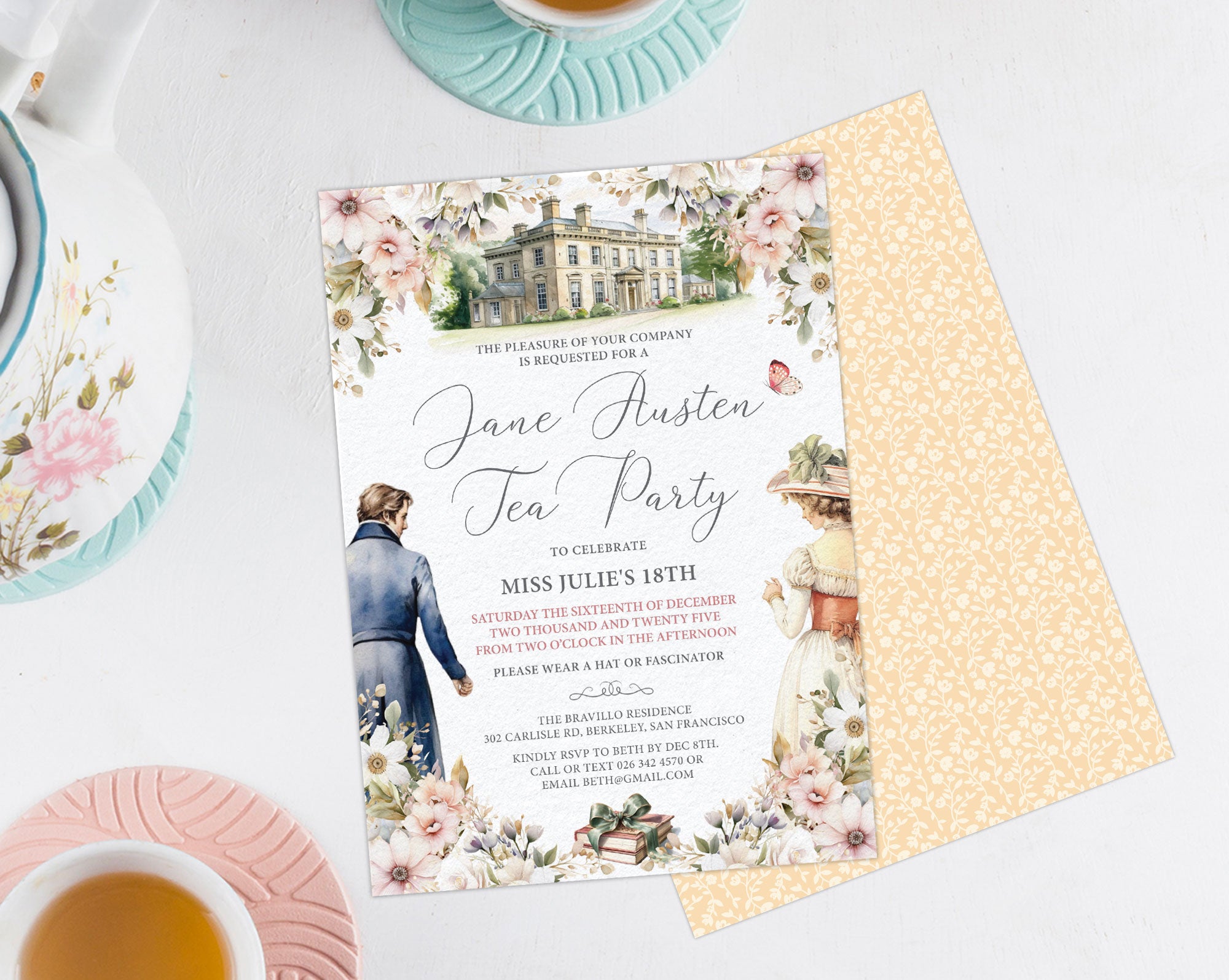 Invitation card for a Jane Austen Tea Party with pretty regency lady and gentleman, pink flowers and mansion house lying on a white surface.