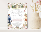 Invitation card for a Jane Austen-themed tea party with decorative regency elements leaning against a white wall next to a jar of dried flowers