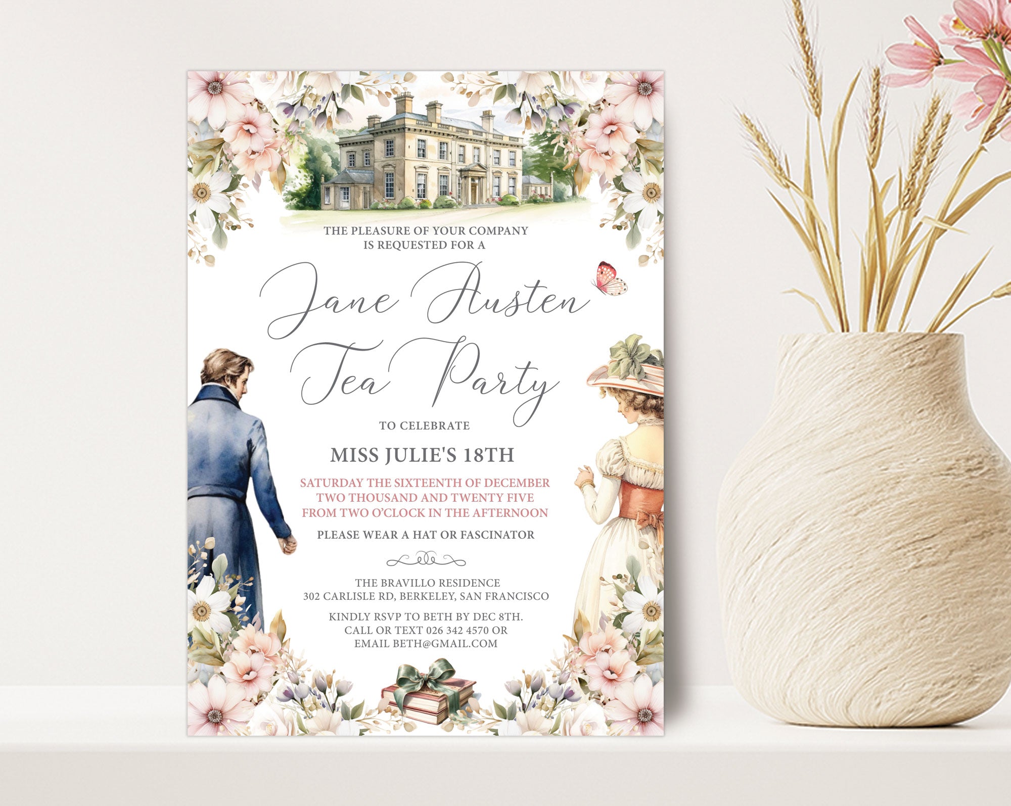 Invitation card for a Jane Austen-themed tea party with decorative regency elements leaning against a white wall next to a jar of dried flowers