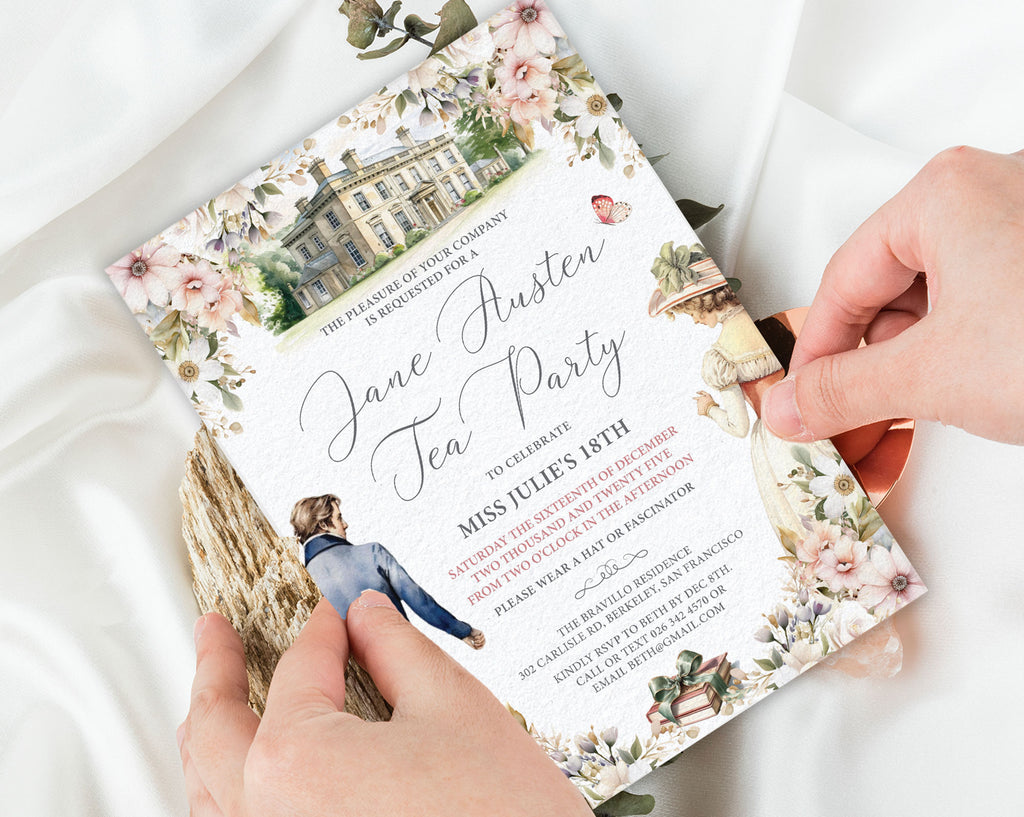Jane Austen Tea Party Invitation card with floral design and text held by hands on a white surface