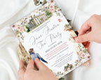 Jane Austen Tea Party Invitation card with floral design and text held by hands on a white surface