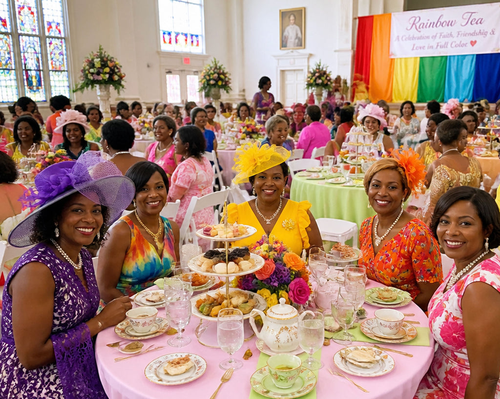 A group of five women smiling at a table during a vibrant indoor rainbow tea gathering. The women are dressed in colorful clothing, some wearing decorative hats.