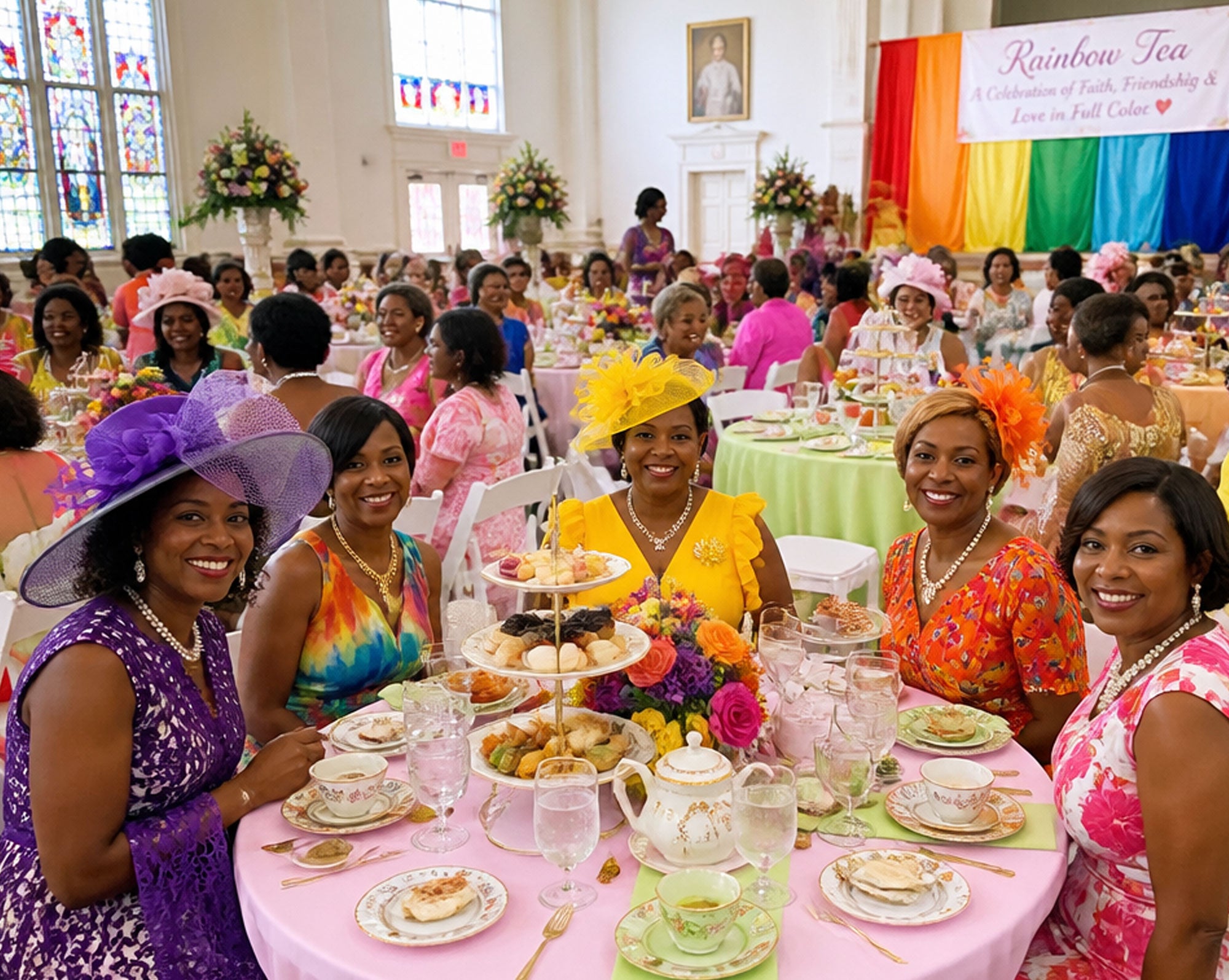 A group of five women smiling at a table during a vibrant indoor rainbow tea gathering. The women are dressed in colorful clothing, some wearing decorative hats.