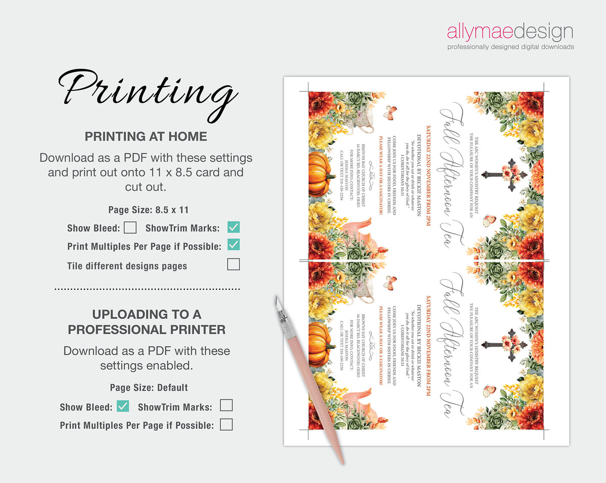 A fall church event invitation template with autumn floral and pumpkin borders, shown alongside printing and uploading instructions on a light gray background.