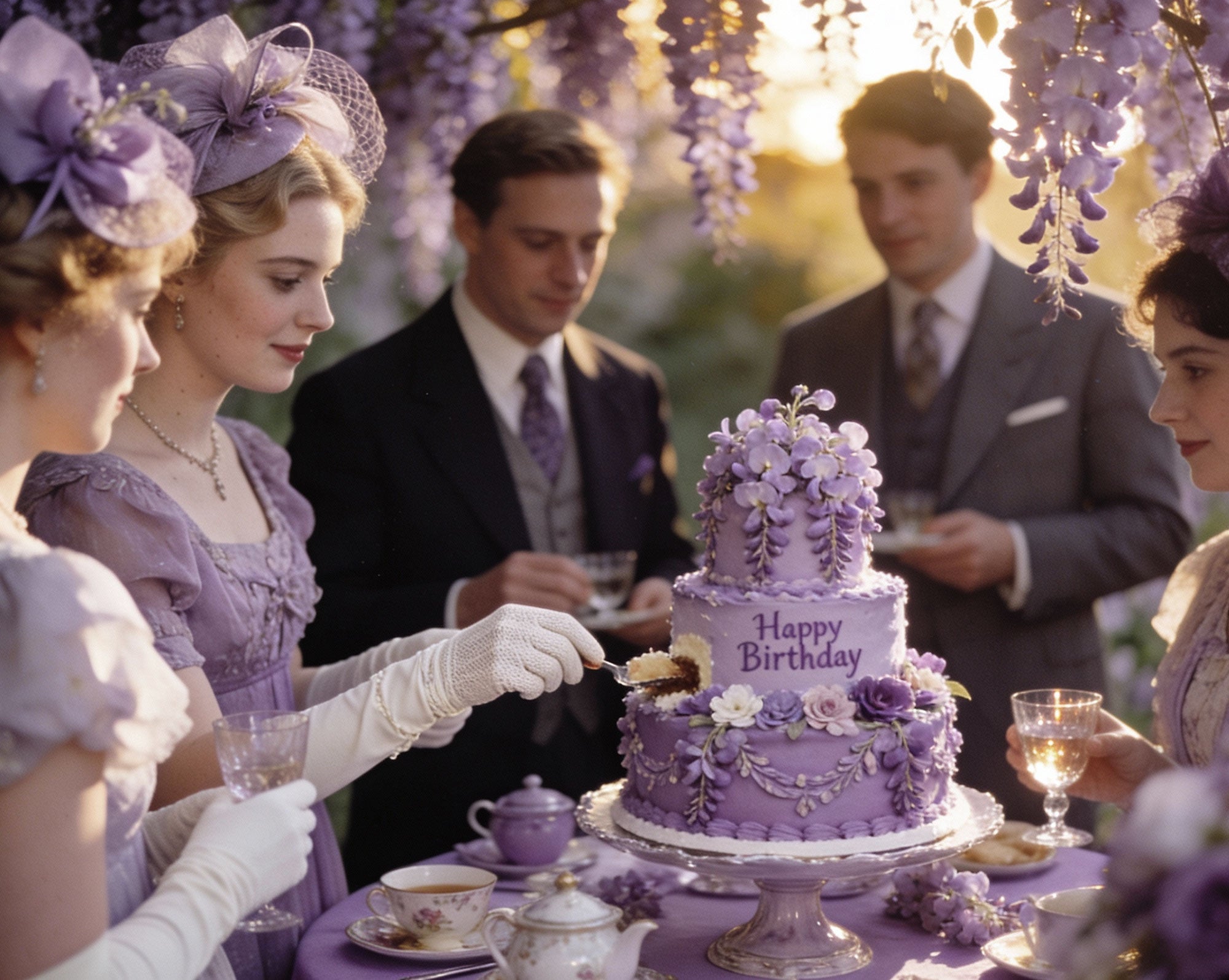 well dressed ladies in lilac dress and gentlemen in black sitting at a lavender wisteria tea table outside