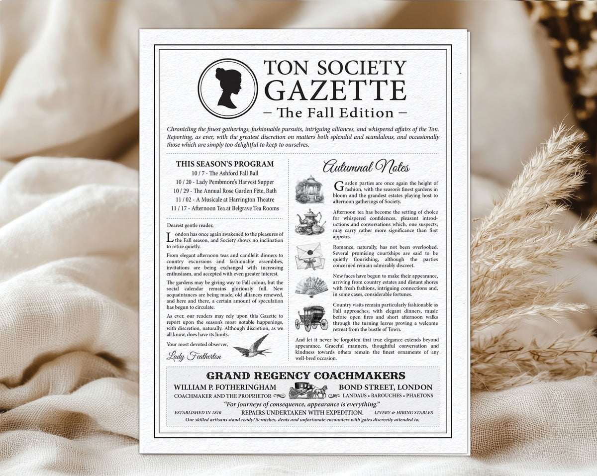 Regency Ton Society Gazette, Fall Autumn, 4 Page Black & White Newspaper, Non-Editable