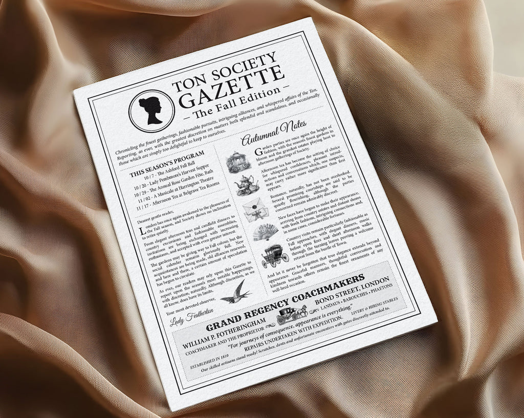 Regency Ton Society Gazette, Fall Autumn, 4 Page Black & White Newspaper, Non-Editable