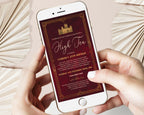 Downton Abbey Inspired Invitation showing on the screen of a mobile phone held by two hands in front of a plain background with dried flowers