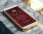 a gold mobile phone laying on a marble background with a Downton High Tea Art Deco Styled invitation showing on the screen