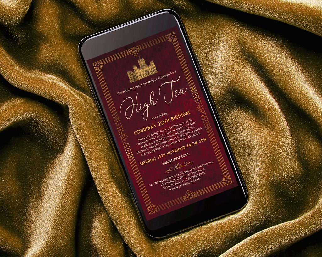 elegant art deco style Downton High Tea invitation nestled in gold velvet cloth