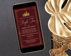 black mobile phone with an art deco style burgundy and gold high tea invitation laying on a grey background next to gold leaf and decor