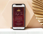smart phone with an elegant burgundy and gold downton high tea invitation showing on the screen leaning against a beige wall next to a gold art deco leaf