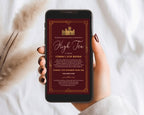 a hand holding a mobile phone with an art deco high tea burgundy velvet birthday invitation in front of a white cloth background