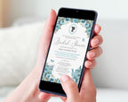 A person holds a smartphone showing a bridal shower invitation design with blue floral illustrations and elegant script text. The phone is centered against a soft, blurred light background, and the hands are visible holding the device.