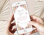 Phone displaying a blush pink floral 'Thank You' card with text on a light background