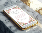 Gold phone case showing a blush pink floral thank you note design on a marble surface