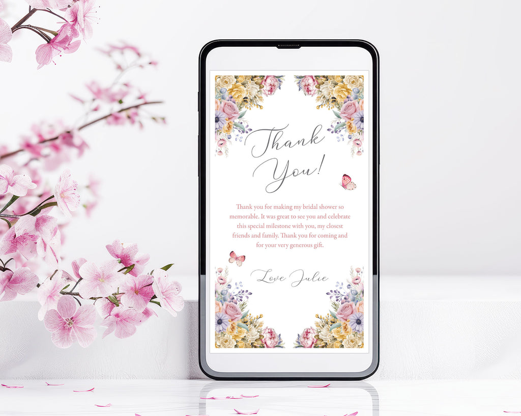 Phone screen displaying a pastel floral 'Thank You' message with cherry blossoms on a white background