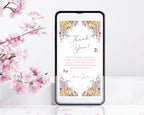 Phone screen displaying a pastel floral 'Thank You' message with cherry blossoms on a white background