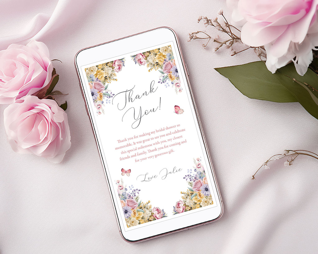 Smartphone displaying a pastel floral 'Thank You' message with pink roses on a light background