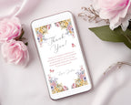 Smartphone displaying a pastel floral 'Thank You' message with pink roses on a light background