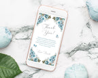 elegant dusty blue thank you note displayed on a mobile phone laying on a marble background with blue peonies