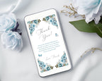 white mobile phone with a dusty blue thank you note on the screen surrounded by light blue roses on a white background