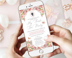 Phone displaying a blush pink regency style 'My First Tea Party' invitation with floral design on a pink background.