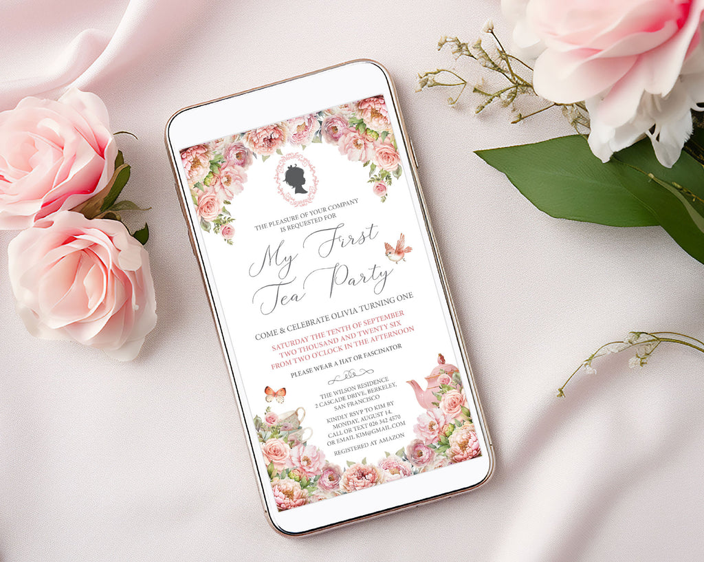 Phone displaying a 'My First Tea Party' invitation with pink floral design, bridgerton inspired girl cameo on a light background with flowers.