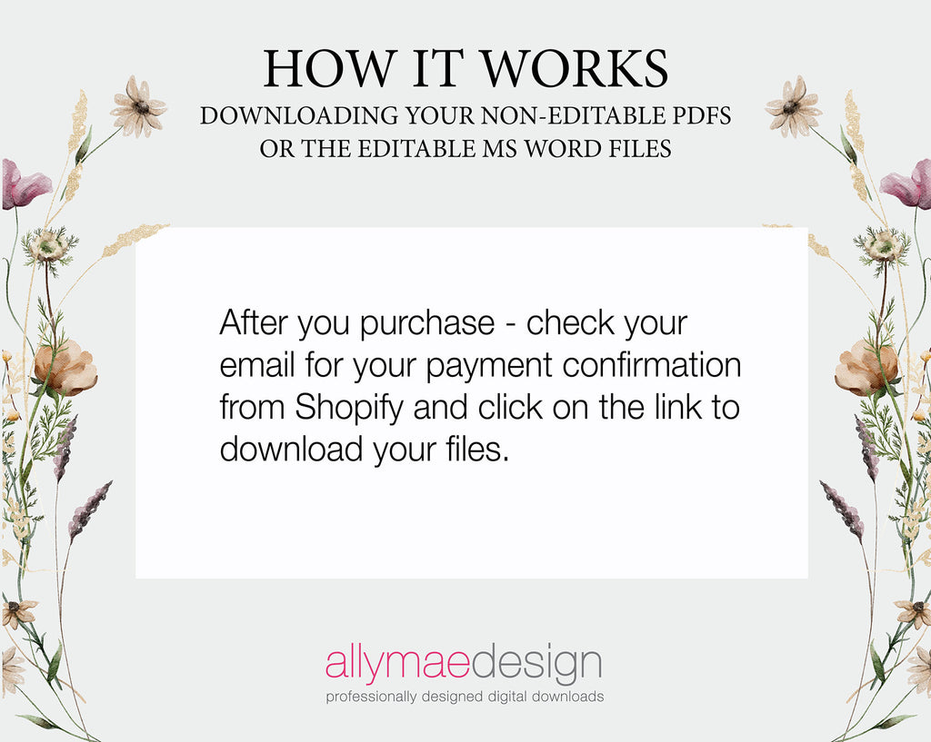 Instructions for downloading non-editable PDFs or editable MS Word files from Shopify, framed with floral elements.