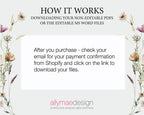 Instructions for downloading non-editable PDFs or editable MS Word files from Shopify, framed with floral elements.
