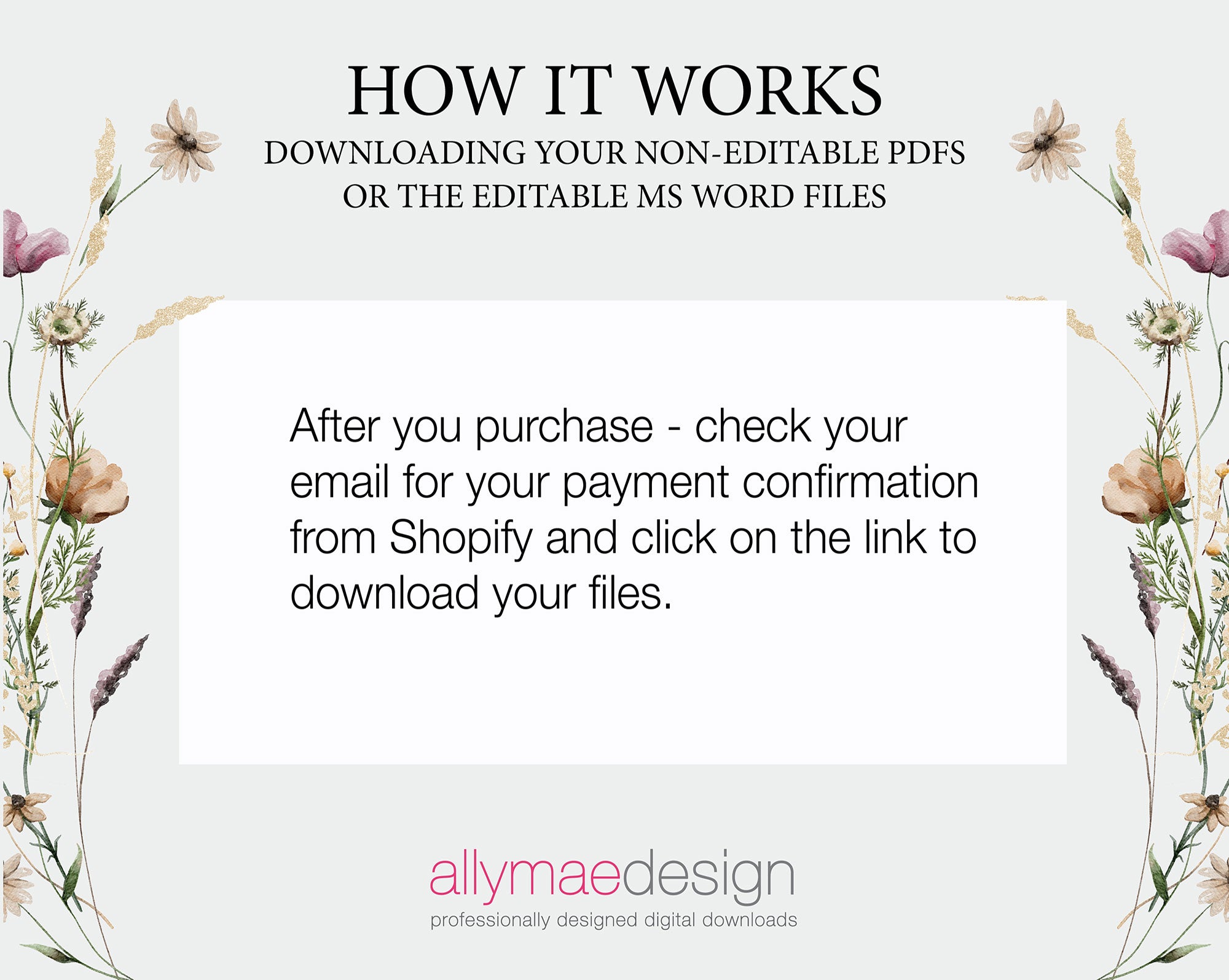Instructions for downloading non-editable PDFs or editable MS Word files from Shopify, framed with floral elements.