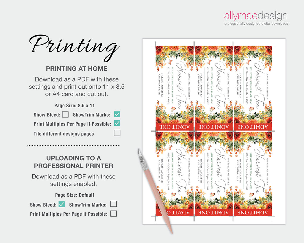 A digital printable fall autumn event ticket template sheet shown on a light gray background, with text instructions on the left about printing at home and uploading to a professional printer, plus an 'allymaedesign' logo in the top right.