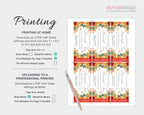 A digital printable fall autumn event ticket template sheet shown on a light gray background, with text instructions on the left about printing at home and uploading to a professional printer, plus an 'allymaedesign' logo in the top right.