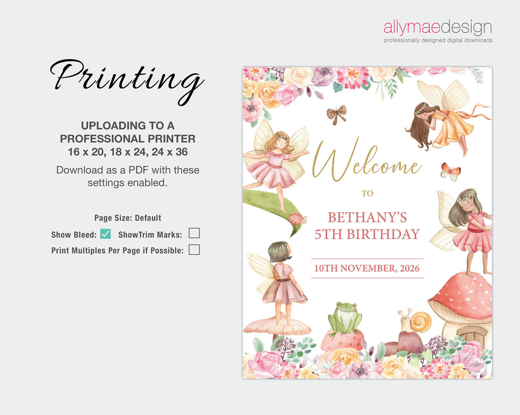 instructions on how to print the fairy garden birthday party welcome signs