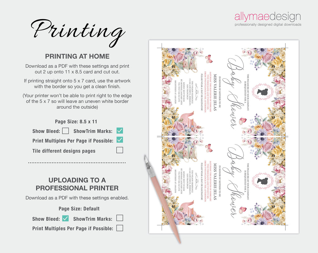Print your Pastel Regency Style Baby Shower Invitation at your local print shop or at home