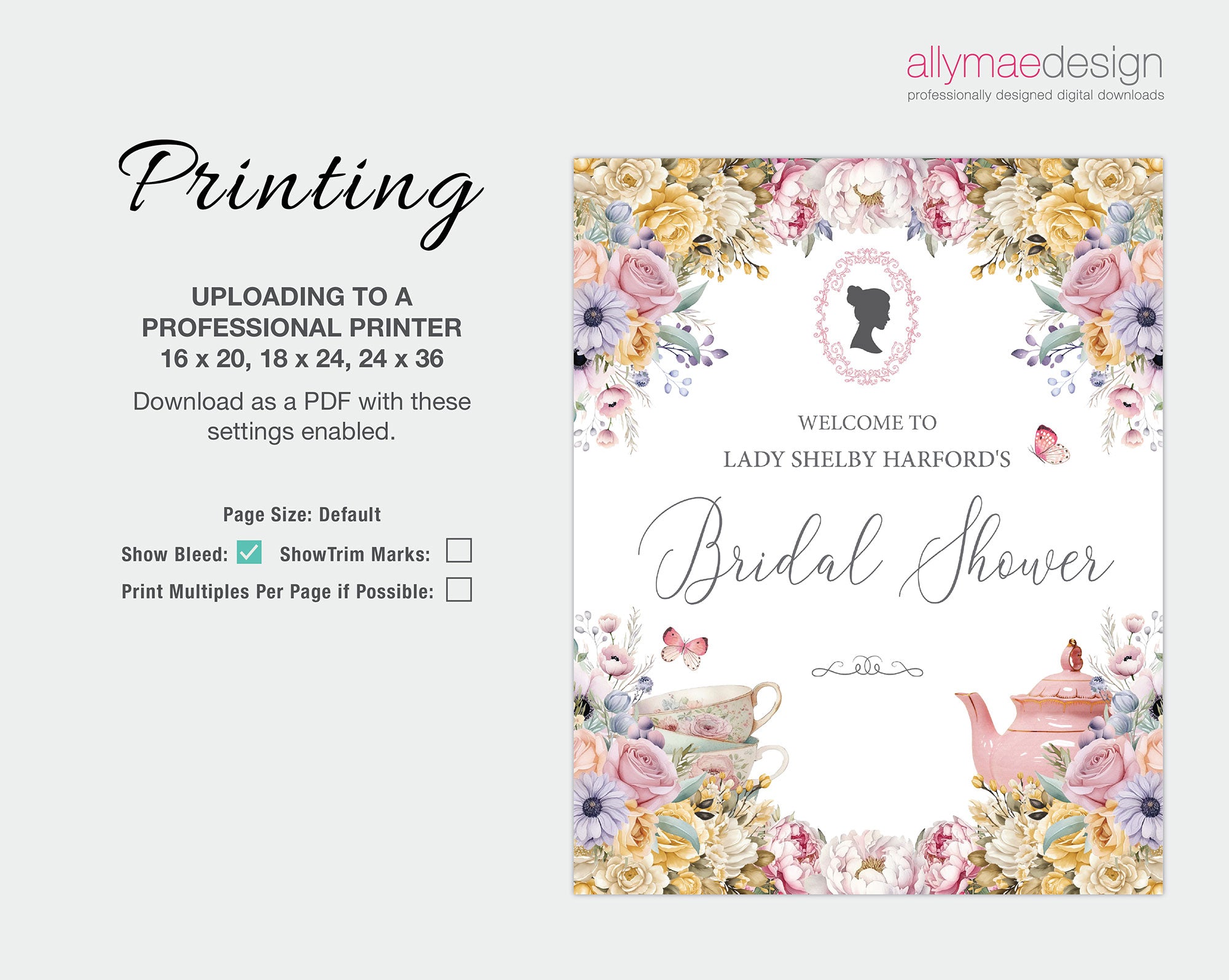 printing instructions for the pastel regency style bridal shower welcome signs