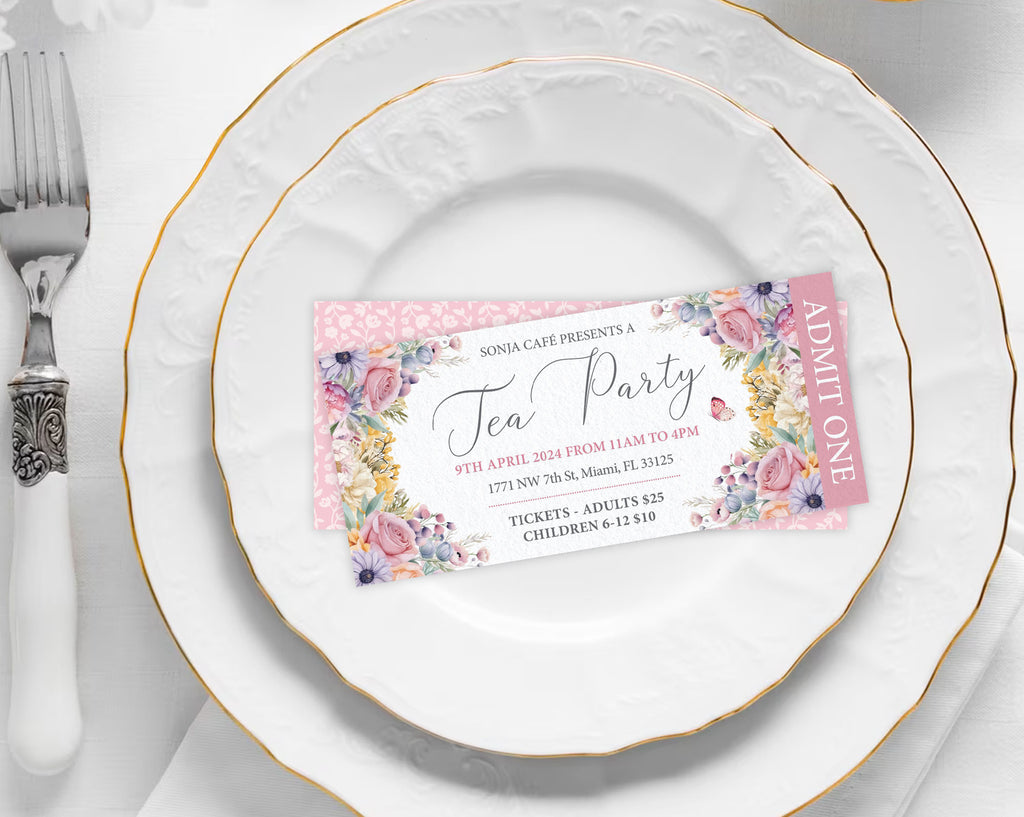 2 pretty blue pink yellow flower Tea party event ticket on a decorative plate with floral design
