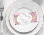 2 pretty blue pink yellow flower Tea party event ticket on a decorative plate with floral design