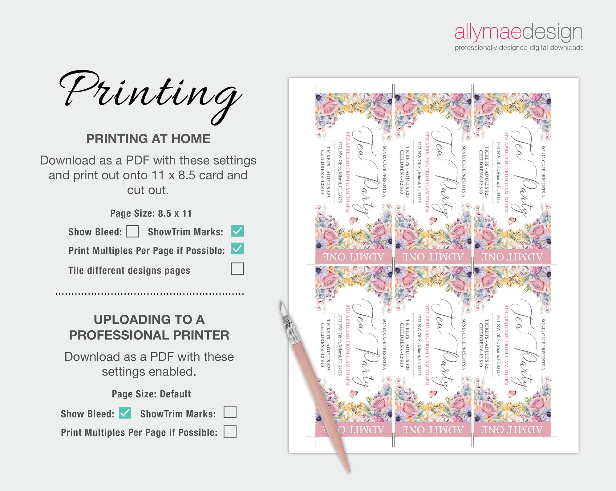 Printing instructions for the pastel flower admit one tea event ticket